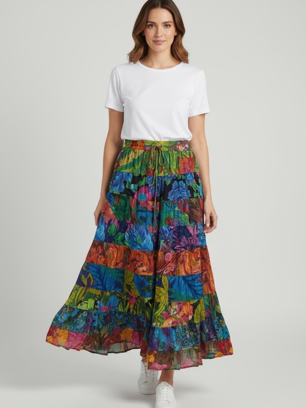 Vintage Phool Bohemian Multicolor Floral Tiered Boho Maxi Skirt Women's Size M